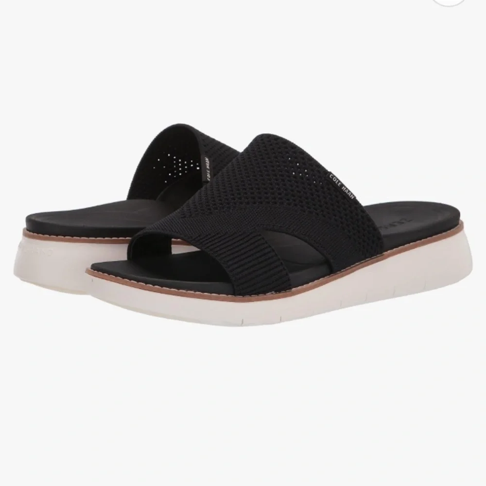 Cole Haan Zerogrand Global Stitchlite Slip On Sandal BLACK Knit/Pecan Leather